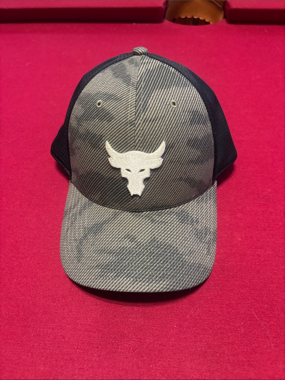 Under Armour Gray and Black Trucker Cap with White Bull Logo